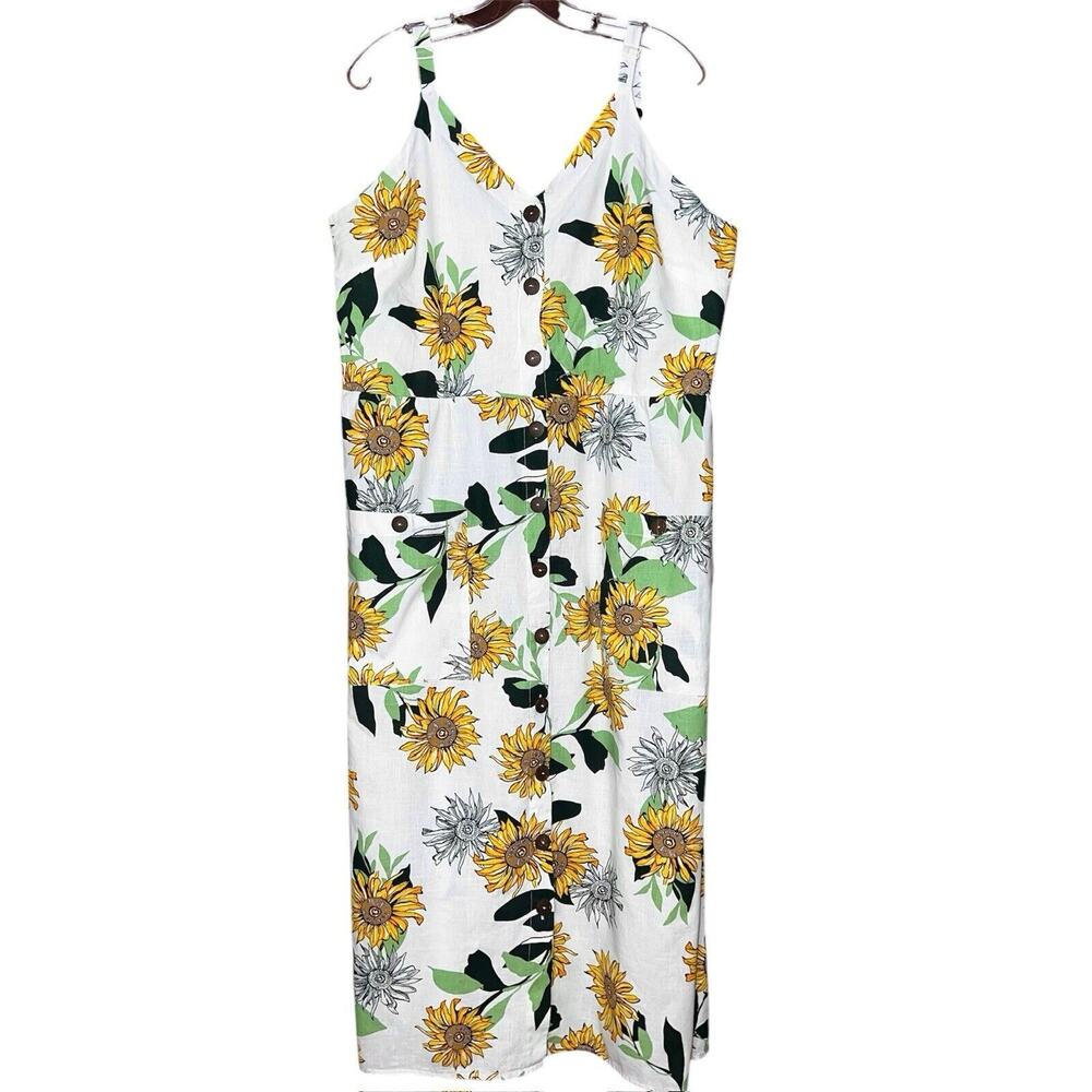 MLLE GABRIELLE WHITE GREEN YELLOW SUNFLOWER COTTON MAXI SUNDRESS PLUS SIZE 2X